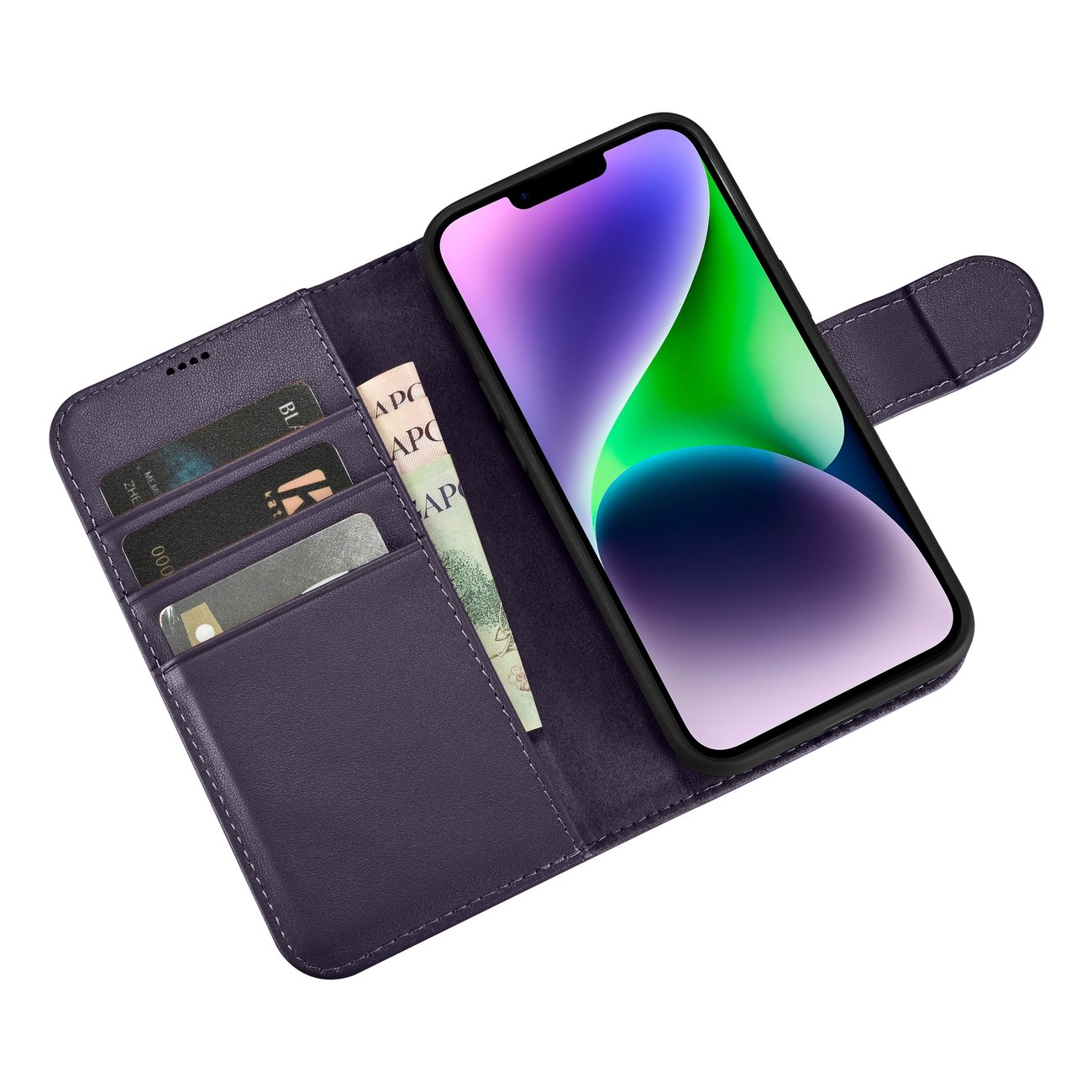 iCarer plånboksfodral 2in1-skydd iPhone 14 Plus Anti-RFID läder flipfodral mörklila (WMI14220727-DP)