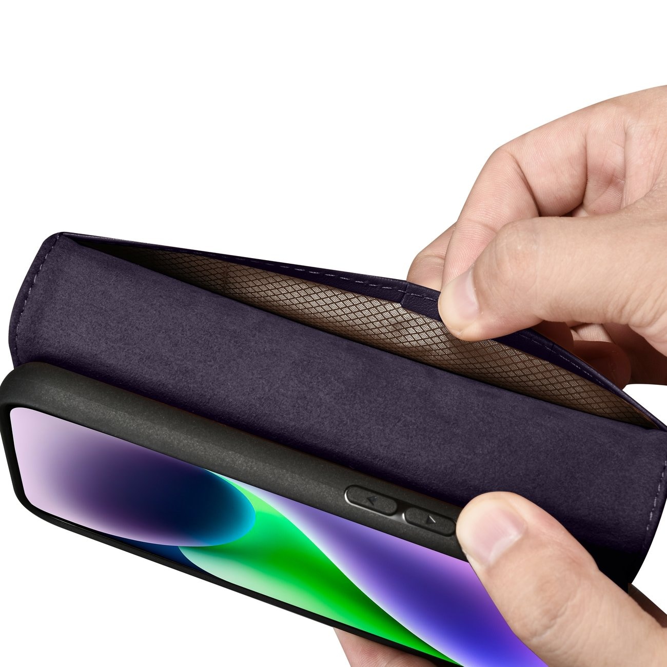 iCarer plånboksfodral 2in1-skydd iPhone 14 Plus Anti-RFID läder flipfodral mörklila (WMI14220727-DP)