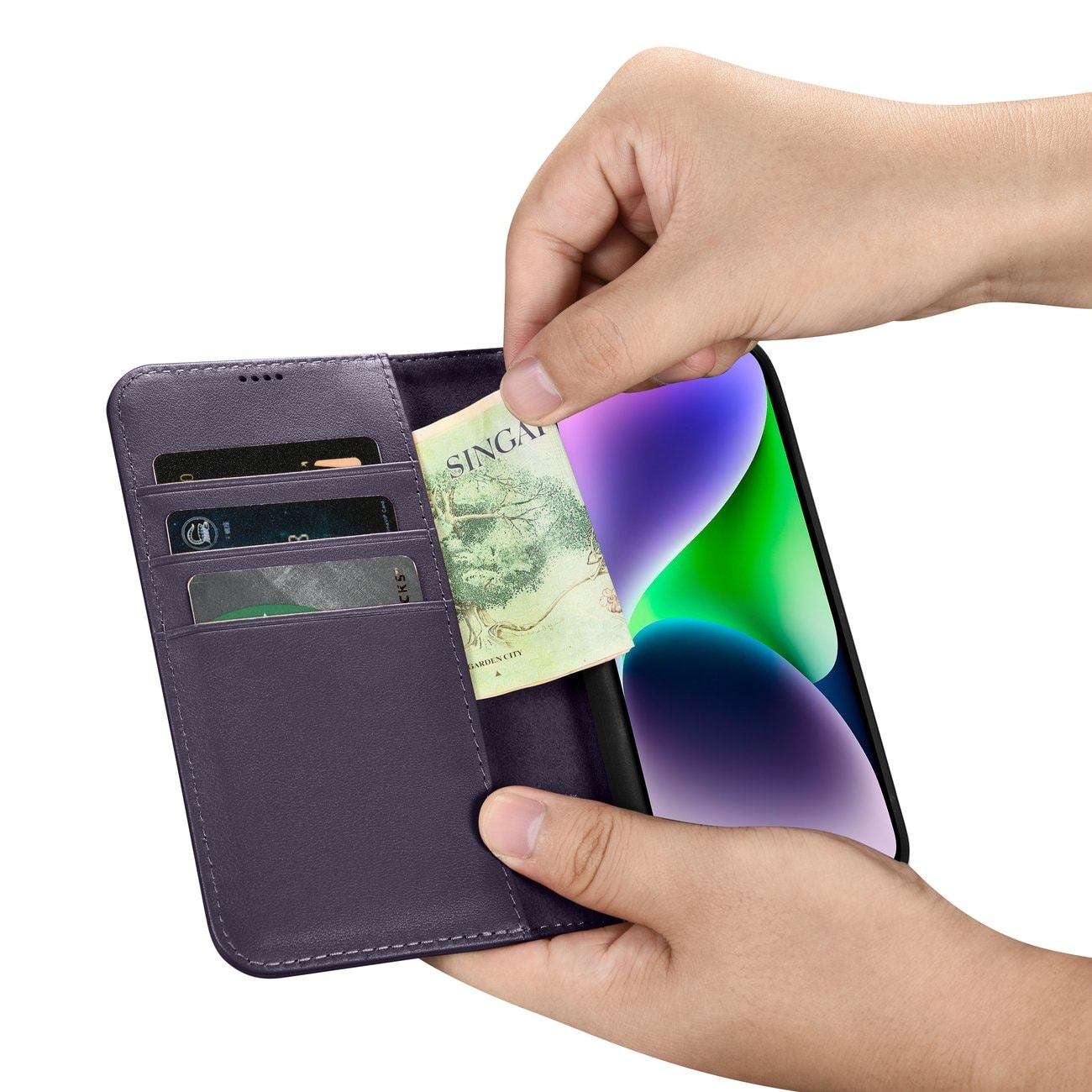 iCarer plånboksfodral 2in1-skydd iPhone 14 Plus Anti-RFID läder flipfodral mörklila (WMI14220727-DP)