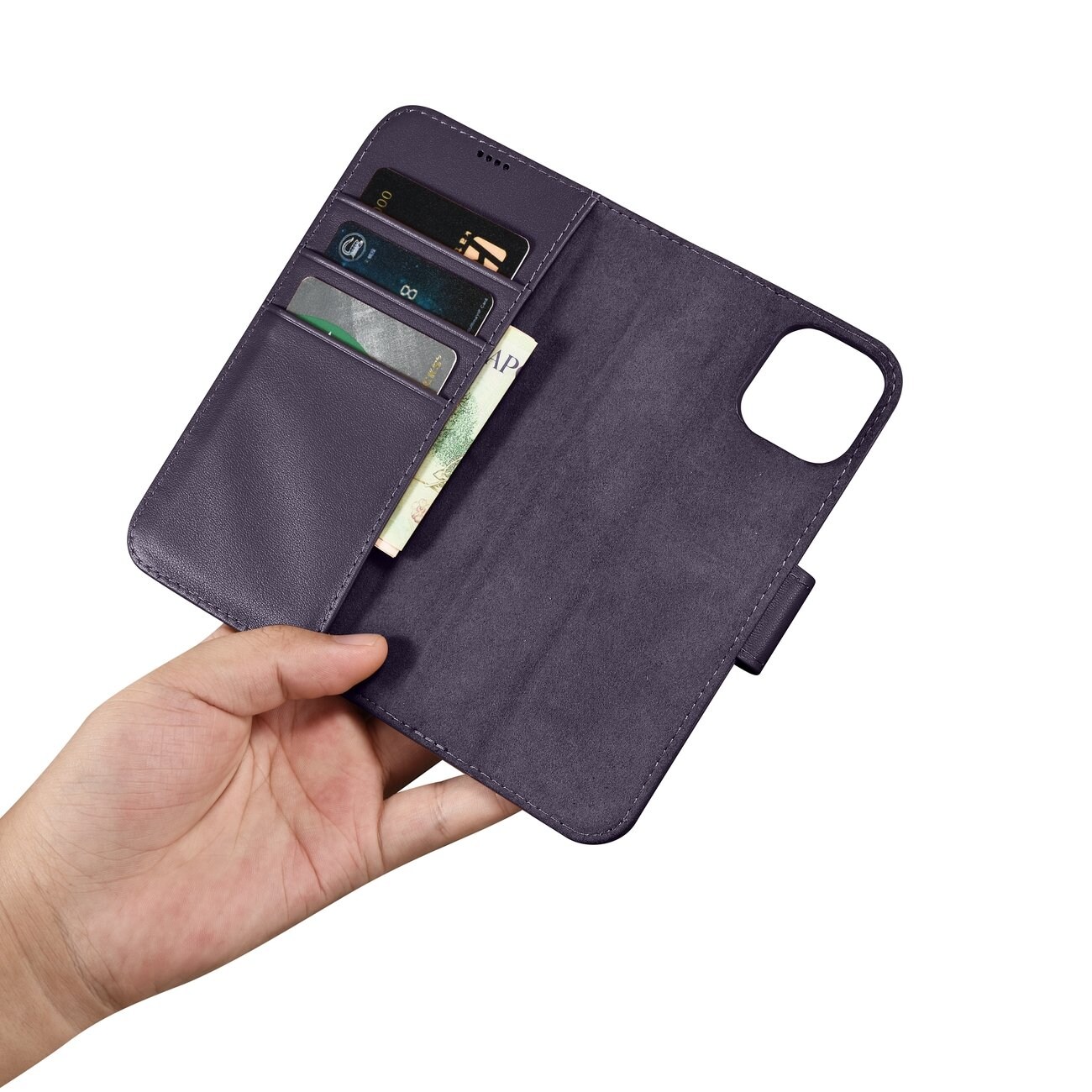 iCarer plånboksfodral 2in1-skydd iPhone 14 Plus Anti-RFID läder flipfodral mörklila (WMI14220727-DP)