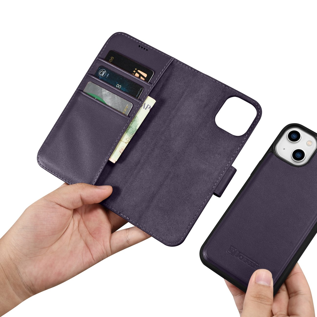 iCarer plånboksfodral 2in1-skydd iPhone 14 Plus Anti-RFID läder flipfodral mörklila (WMI14220727-DP)