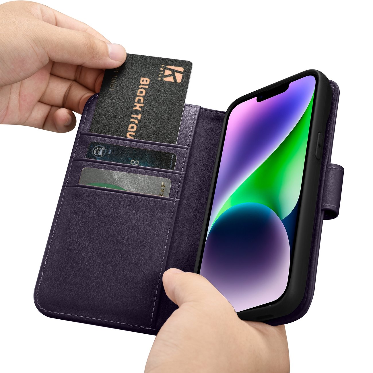 iCarer plånboksfodral 2in1-skydd iPhone 14 Plus Anti-RFID läder flipfodral mörklila (WMI14220727-DP)