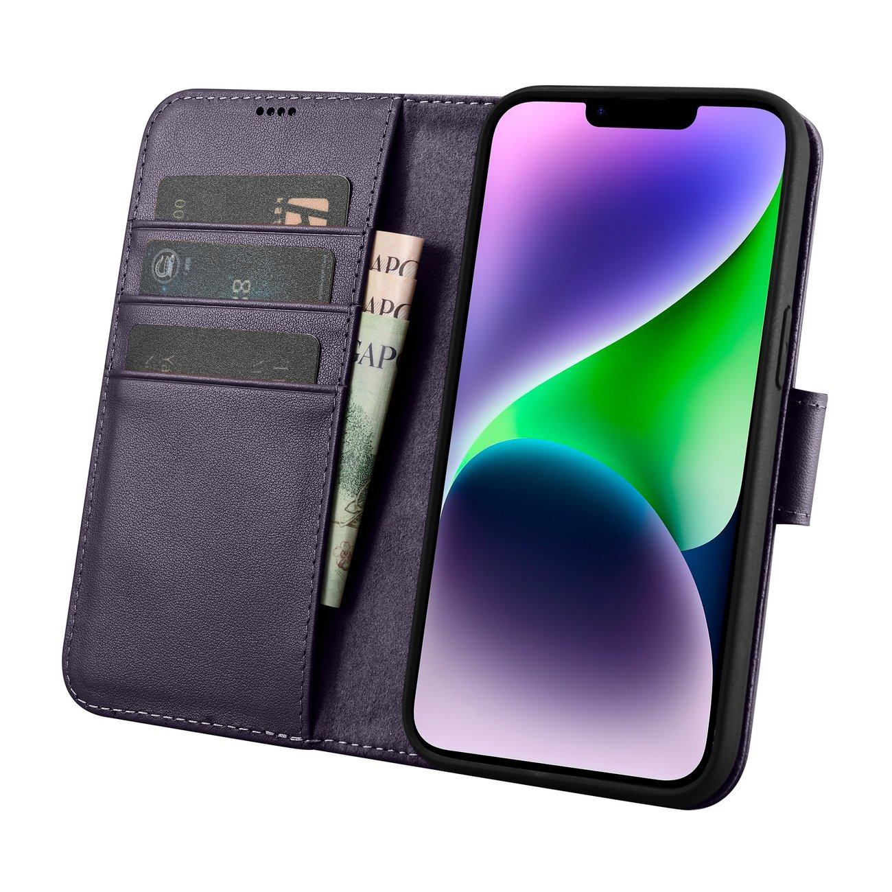 iCarer plånboksfodral 2in1-skydd iPhone 14 Plus Anti-RFID läder flipfodral mörklila (WMI14220727-DP)