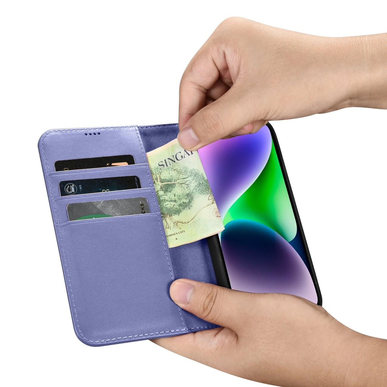 iCarer plånboksfodral 2in1 skydd iPhone 14 Plus Anti-RFID läder flipfodral ljuslila (WMI14220727-LP)