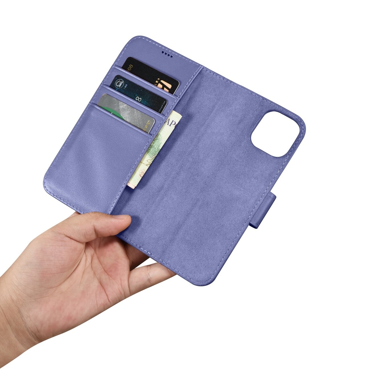 iCarer plånboksfodral 2in1 skydd iPhone 14 Plus Anti-RFID läder flipfodral ljuslila (WMI14220727-LP)