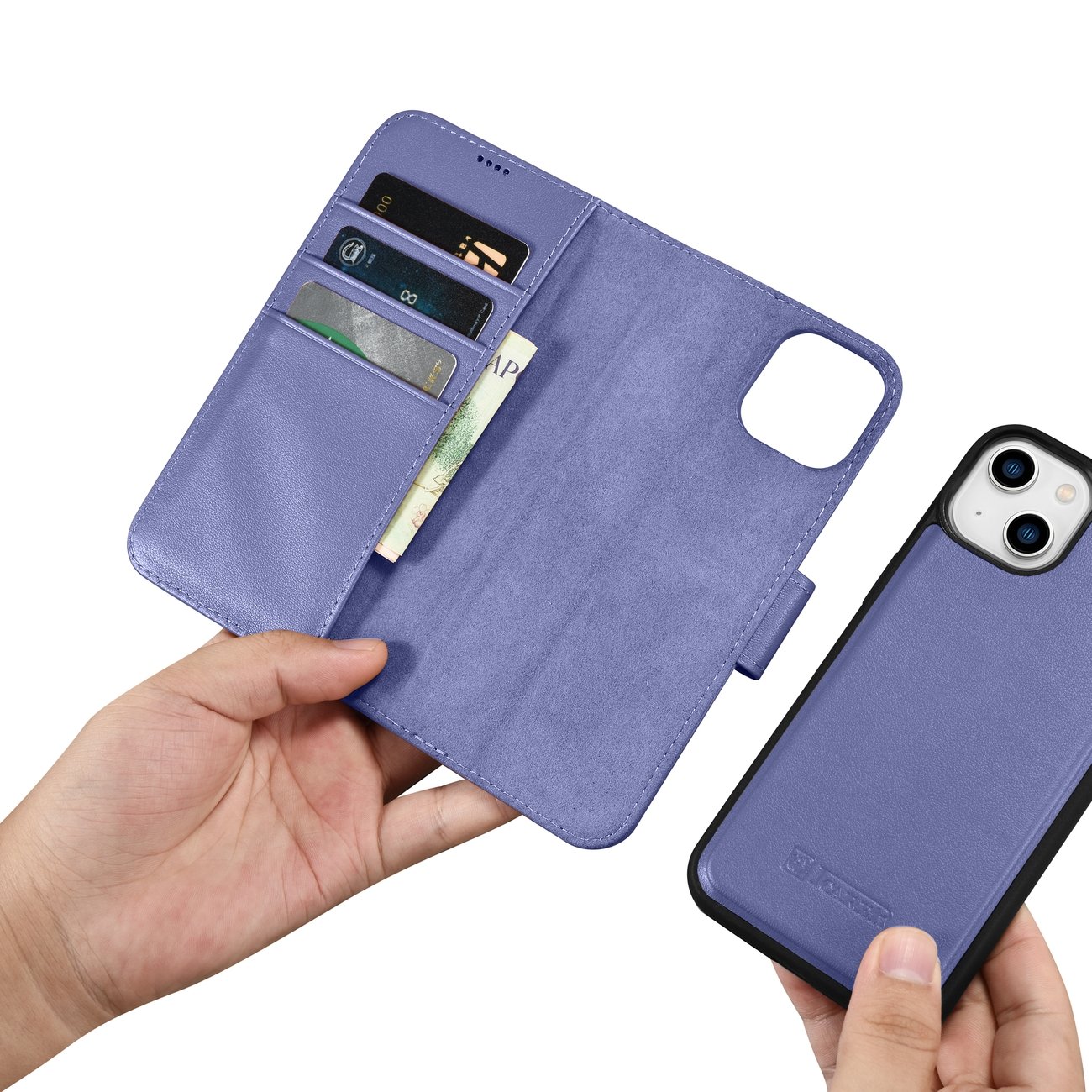 iCarer plånboksfodral 2in1 skydd iPhone 14 Plus Anti-RFID läder flipfodral ljuslila (WMI14220727-LP)