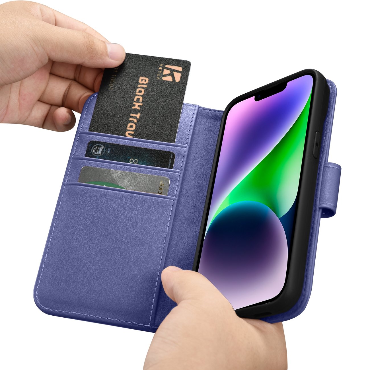 iCarer plånboksfodral 2in1 skydd iPhone 14 Plus Anti-RFID läder flipfodral ljuslila (WMI14220727-LP)