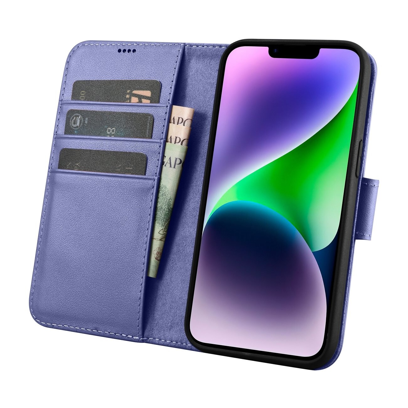 iCarer plånboksfodral 2in1 skydd iPhone 14 Plus Anti-RFID läder flipfodral ljuslila (WMI14220727-LP)