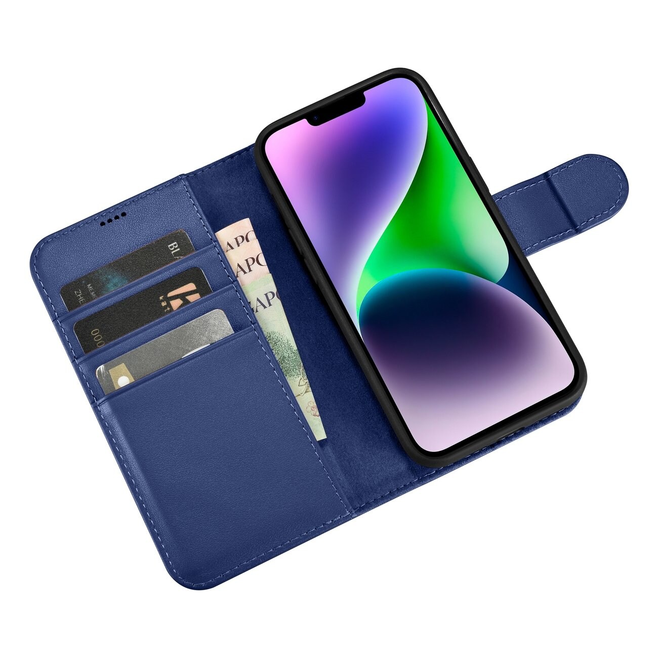 iCarer plånboksfodral 2in1-fodral iPhone 14 Plus Anti-RFID läder flipfodral blå (WMI14220727-BU)
