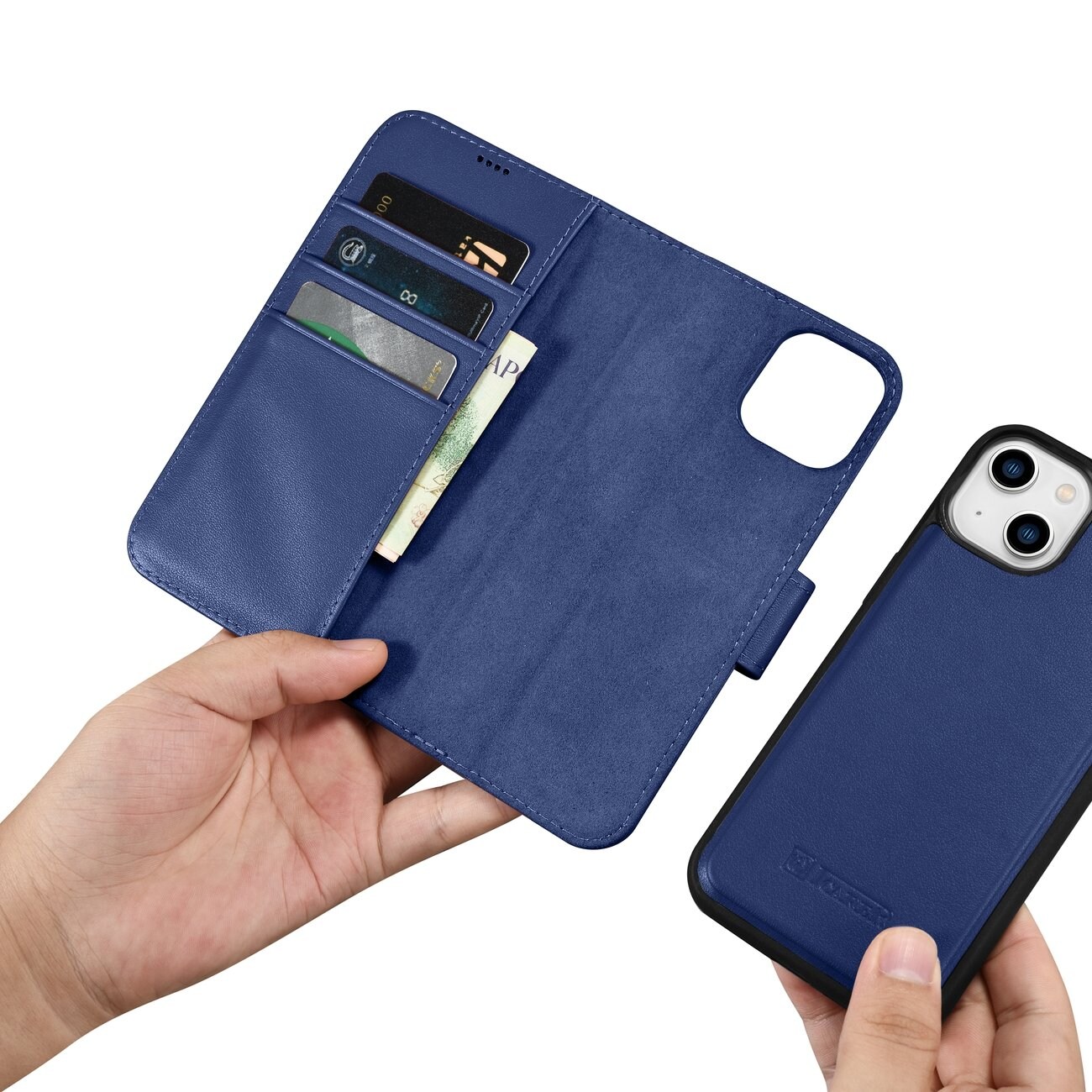 iCarer plånboksfodral 2in1-fodral iPhone 14 Plus Anti-RFID läder flipfodral blå (WMI14220727-BU)