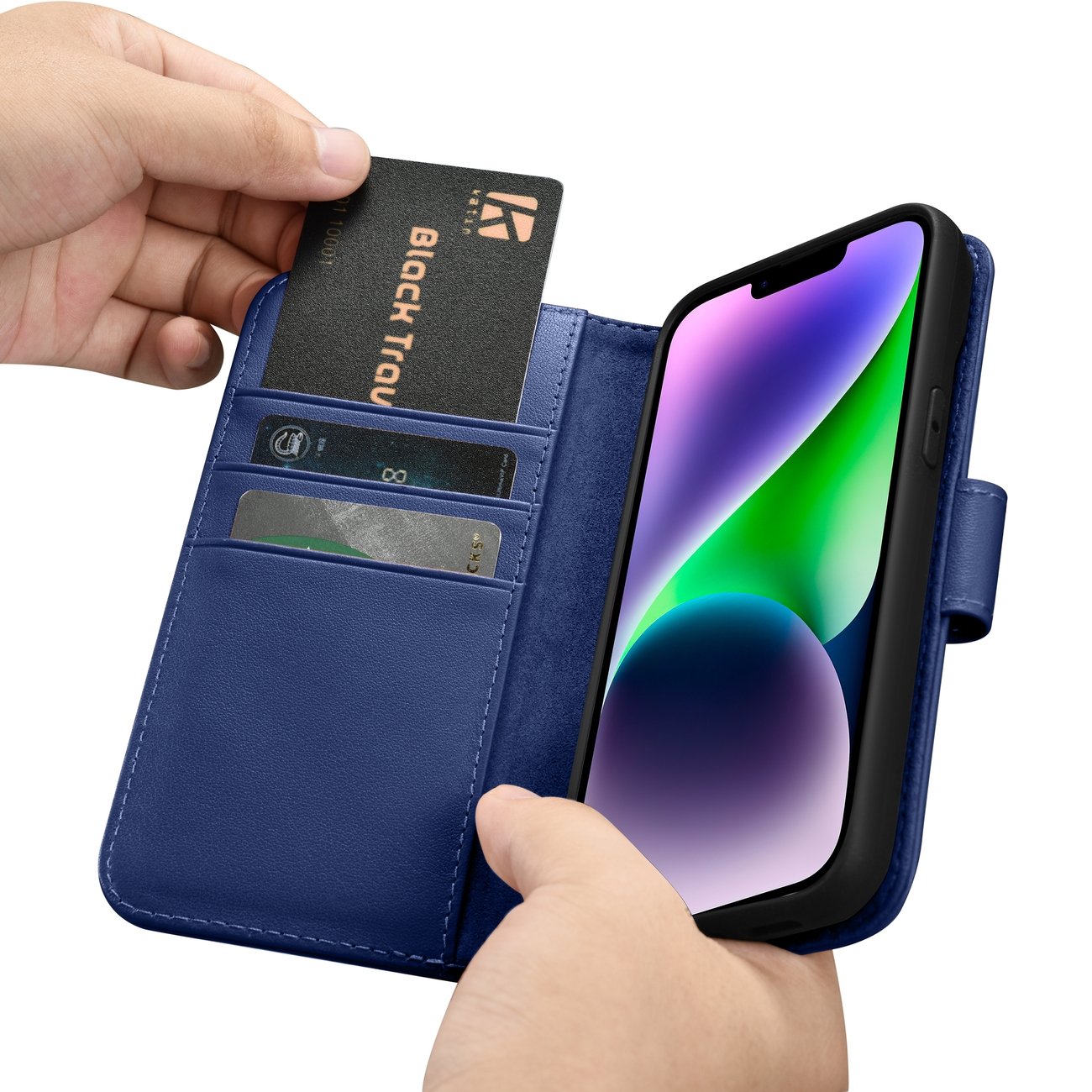 iCarer plånboksfodral 2in1-fodral iPhone 14 Plus Anti-RFID läder flipfodral blå (WMI14220727-BU)