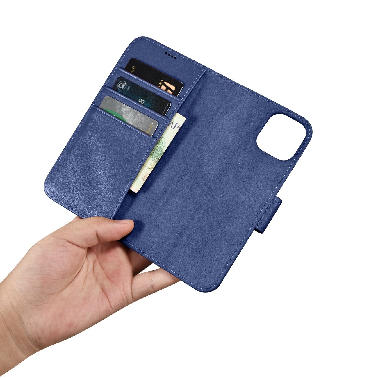 iCarer plånboksfodral 2in1-fodral iPhone 14 Plus Anti-RFID läder flipfodral blå (WMI14220727-BU)