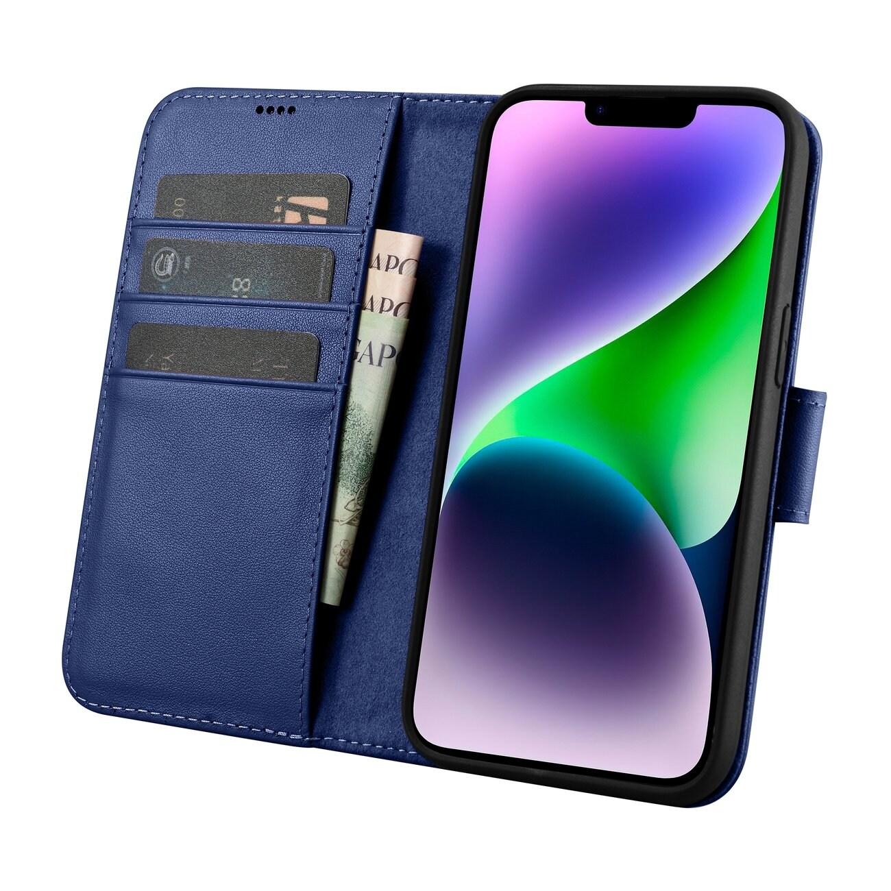 iCarer plånboksfodral 2in1-fodral iPhone 14 Plus Anti-RFID läder flipfodral blå (WMI14220727-BU)