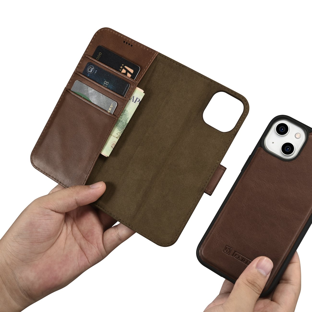 iCarer Oljevax 2in1 Plånboksfodral i Läder för iPhone 14 Plus Anti-RFID Brun (WMI14220723-BN)