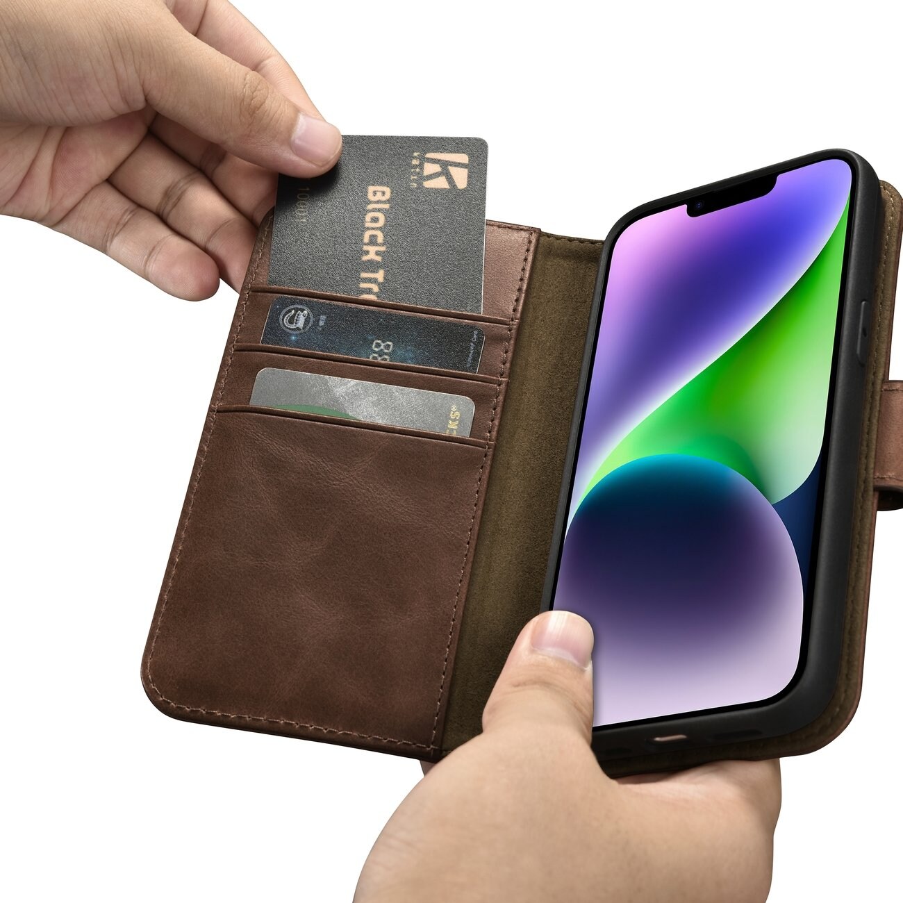 iCarer Oljevax 2in1 Plånboksfodral i Läder för iPhone 14 Plus Anti-RFID Brun (WMI14220723-BN)