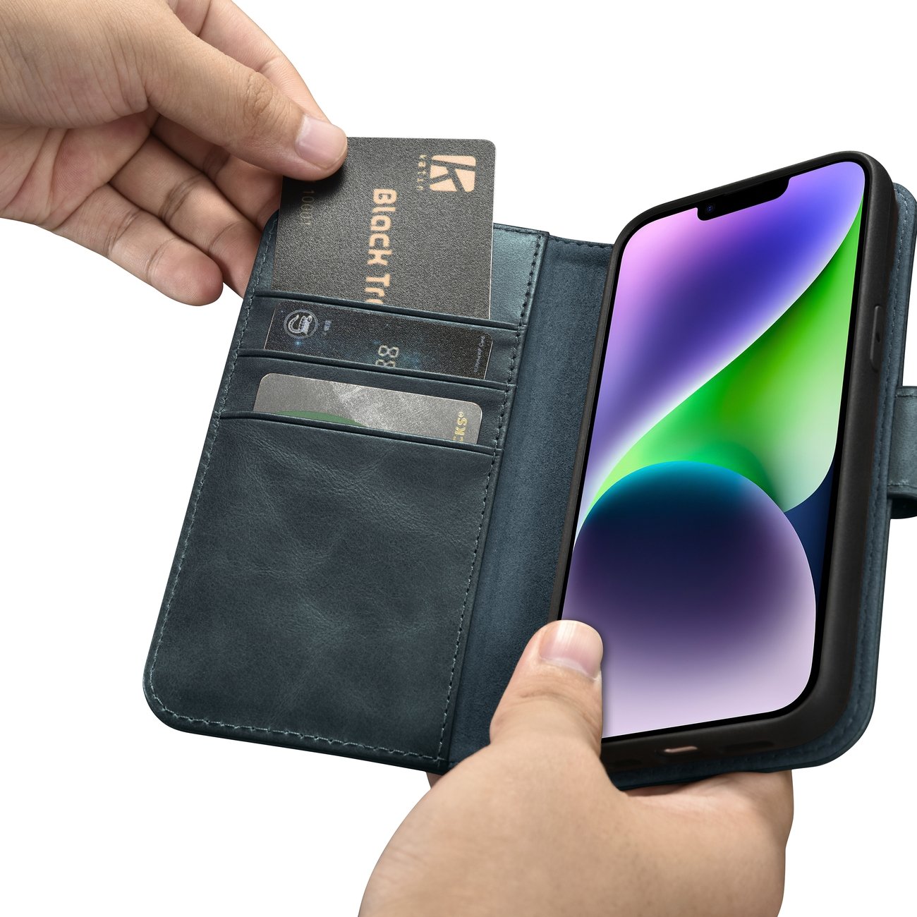 iCarer 2in1 Oljevax Plånboksfodral Skydd iPhone 14 Plus Anti-RFID Läder Blå (WMI14220723-BU)