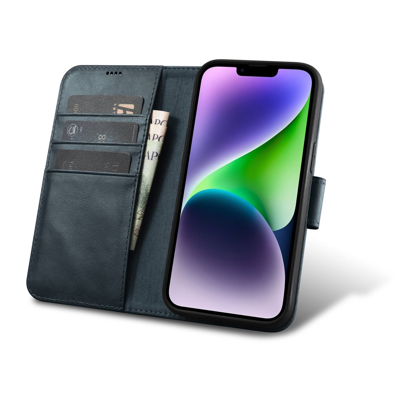 iCarer 2in1 Oljevax Plånboksfodral Skydd iPhone 14 Plus Anti-RFID Läder Blå (WMI14220723-BU)