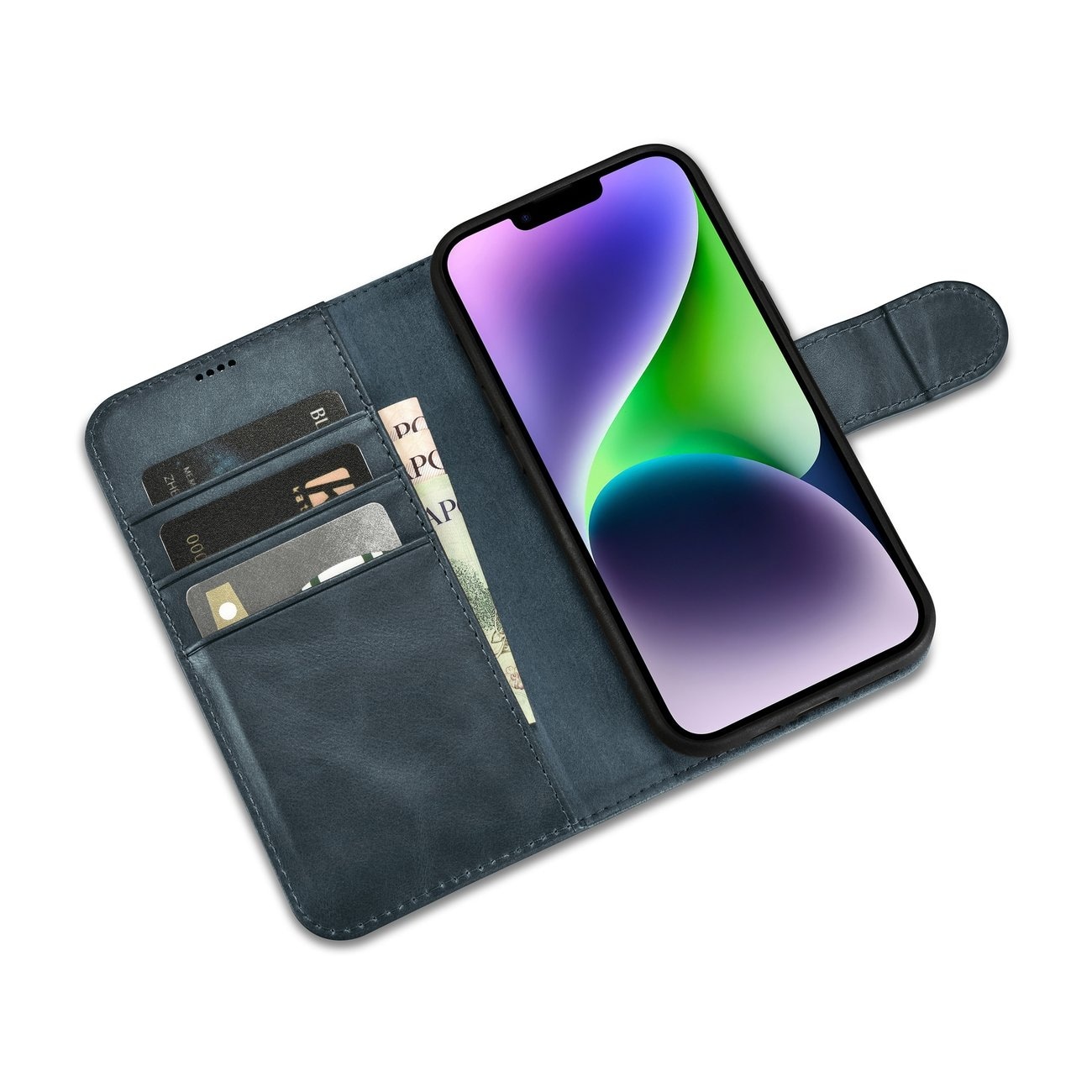 iCarer 2in1 Oljevax Plånboksfodral Skydd iPhone 14 Plus Anti-RFID Läder Blå (WMI14220723-BU)