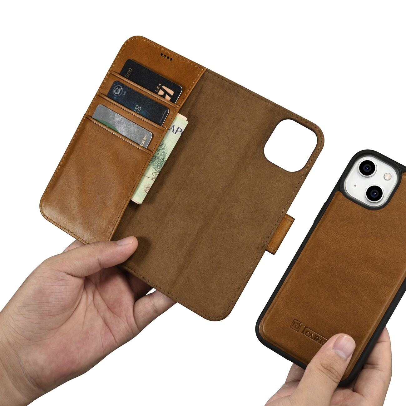 iCarer Oljevax 2in1 Plånboksfodral i Läder för iPhone 14 Plus, Anti-RFID, Brun (WMI14220723-TN)