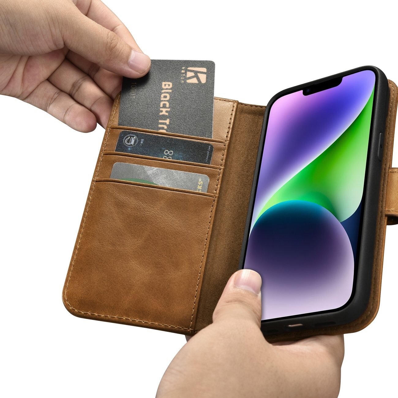 iCarer Oljevax 2in1 Plånboksfodral i Läder för iPhone 14 Plus, Anti-RFID, Brun (WMI14220723-TN)
