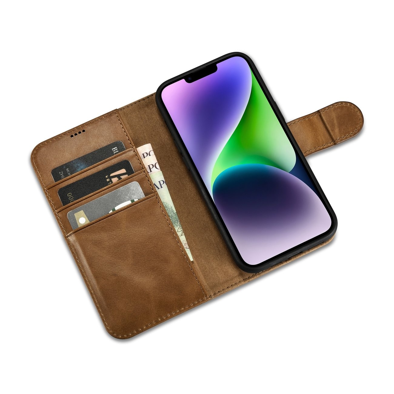iCarer Oljevax 2in1 Plånboksfodral i Läder för iPhone 14 Plus, Anti-RFID, Brun (WMI14220723-TN)
