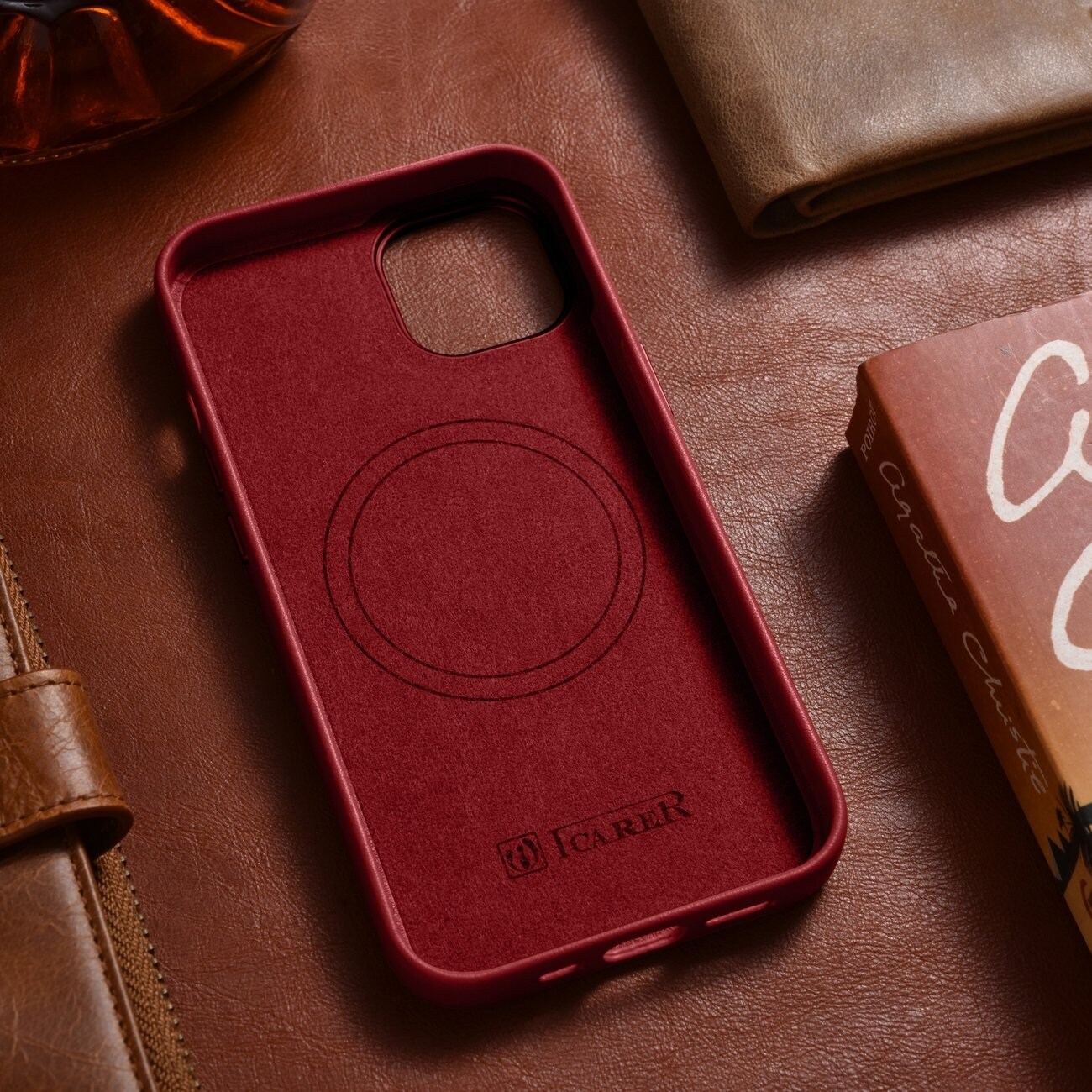 iCarer Case Läderfodral i naturläder för iPhone 14 Plus röd (kompatibel med MagSafe)