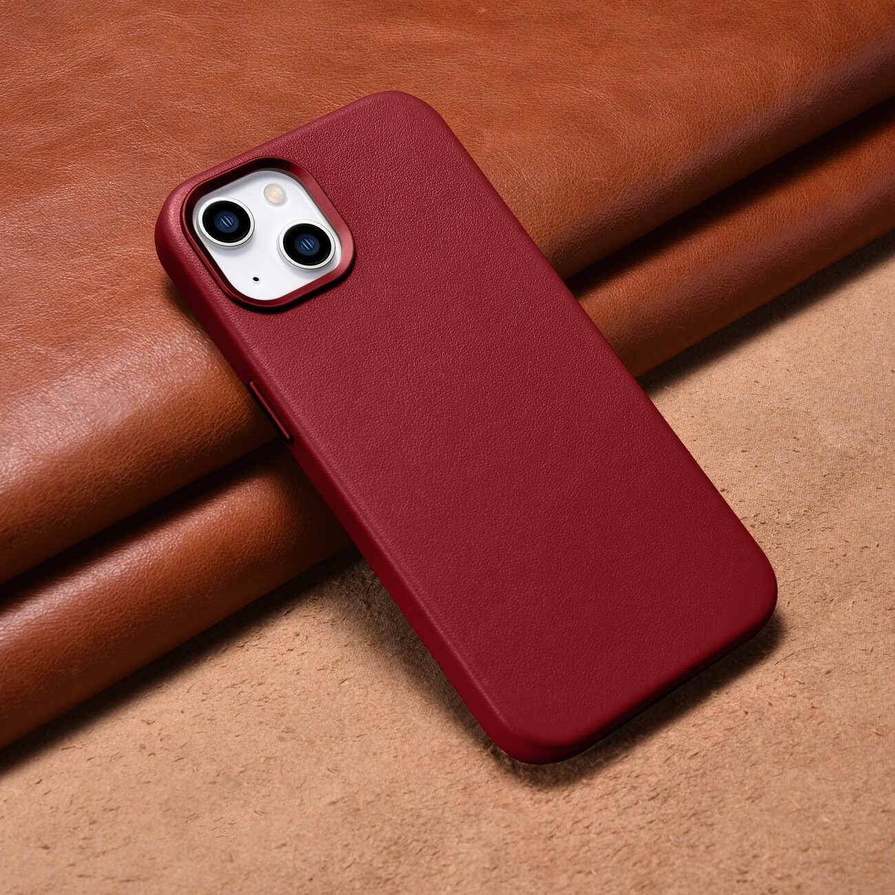 iCarer Case Läderfodral i naturläder för iPhone 14 Plus röd (kompatibel med MagSafe)