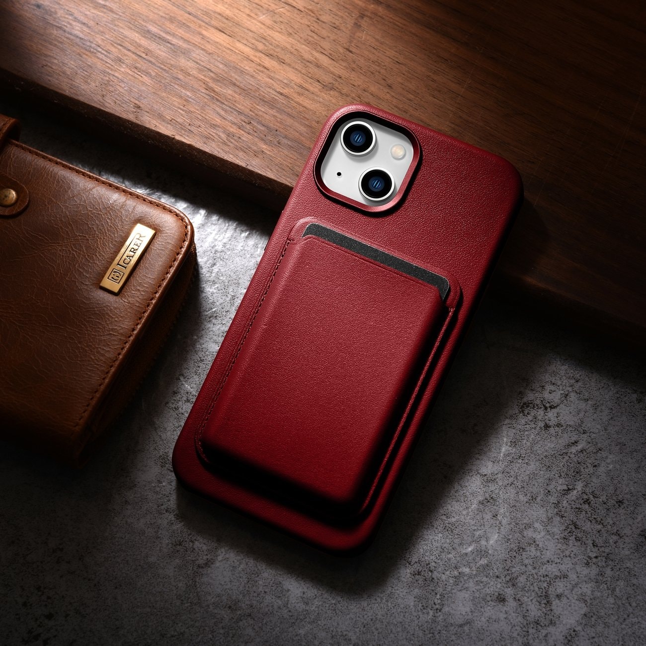 iCarer Case Läderfodral i naturläder för iPhone 14 Plus röd (kompatibel med MagSafe)
