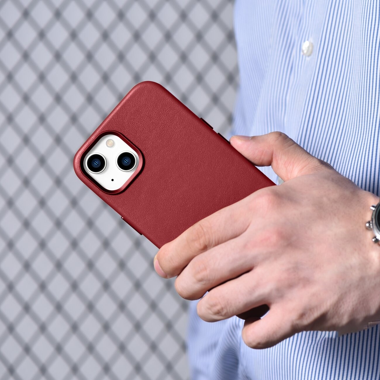 iCarer Case Läderfodral i naturläder för iPhone 14 Plus röd (kompatibel med MagSafe)