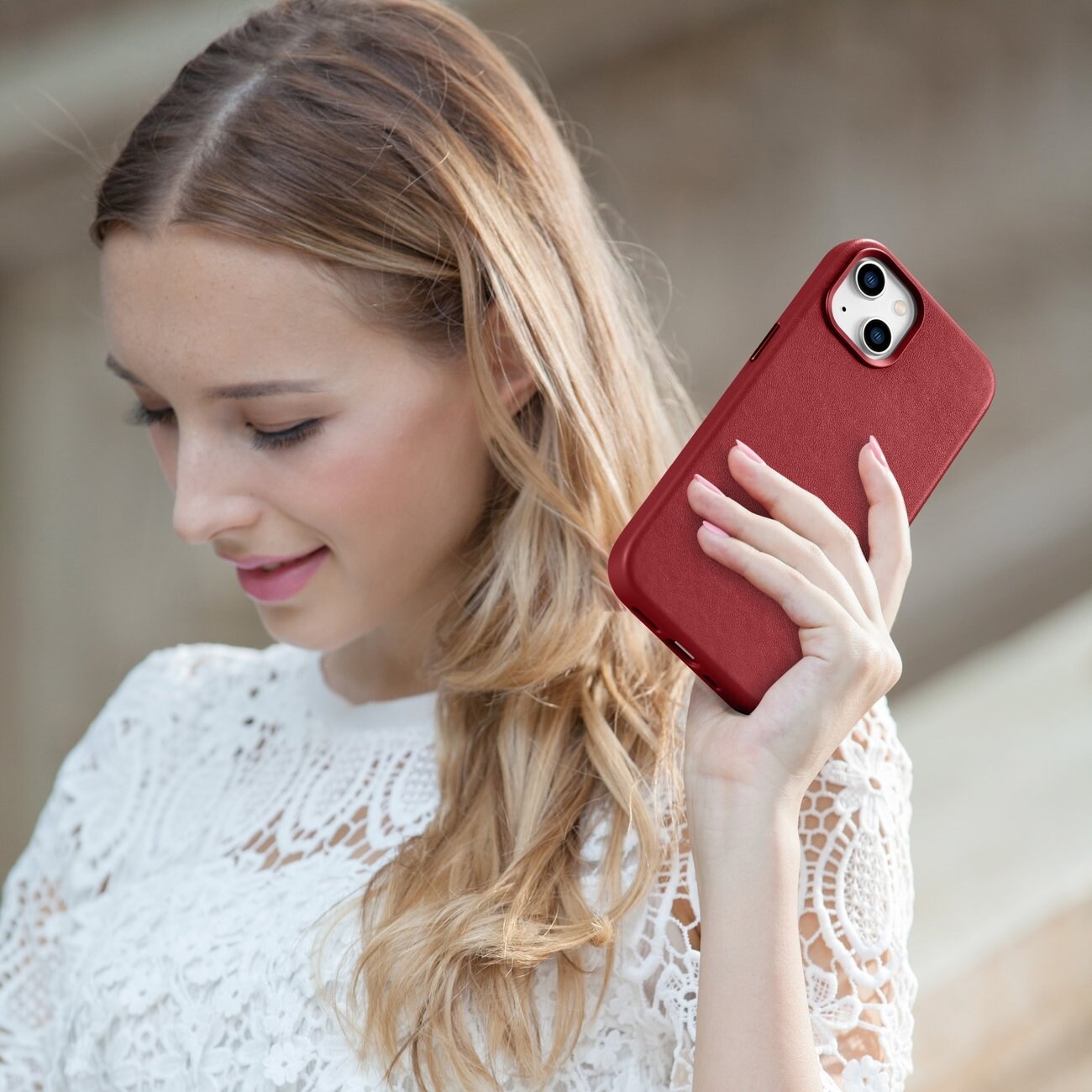 iCarer Case Läderfodral i naturläder för iPhone 14 Plus röd (kompatibel med MagSafe)