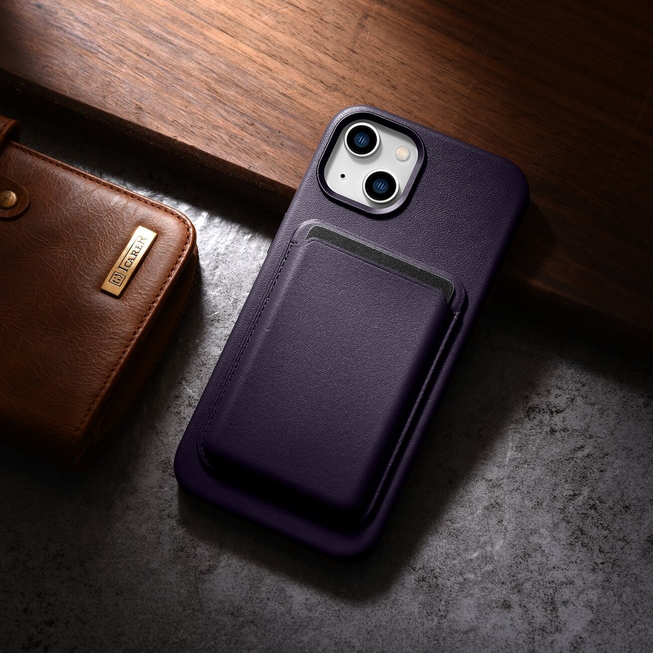 iCarer Case läderfodral för iPhone 14 Plus mörklila (MagSafe-kompatibel)