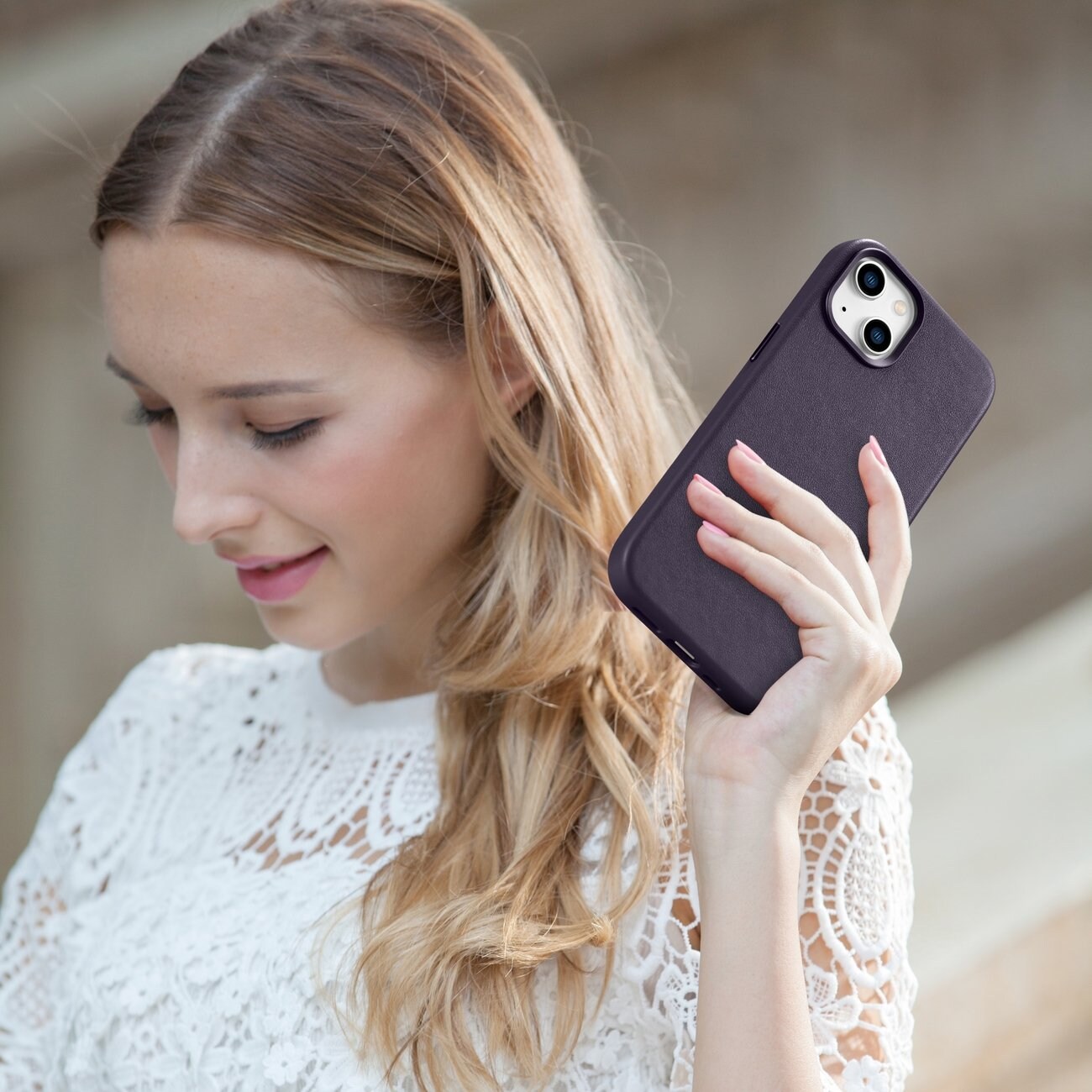 iCarer Case läderfodral för iPhone 14 Plus mörklila (MagSafe-kompatibel)