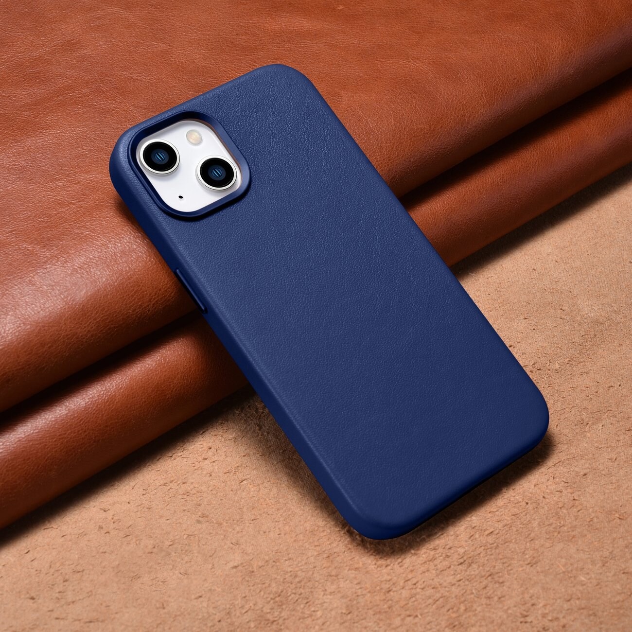 iCarer Case Läderfodral för iPhone 14 Plus äkta läderfodral blå (kompatibel med MagSafe)