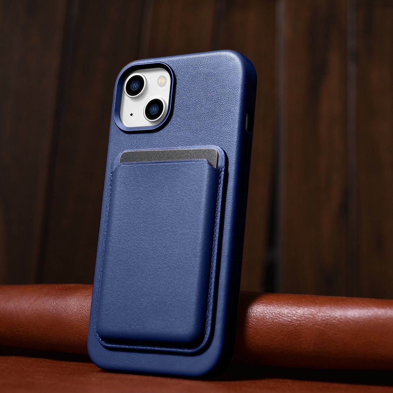 iCarer Case Läderfodral för iPhone 14 Plus äkta läderfodral blå (kompatibel med MagSafe)