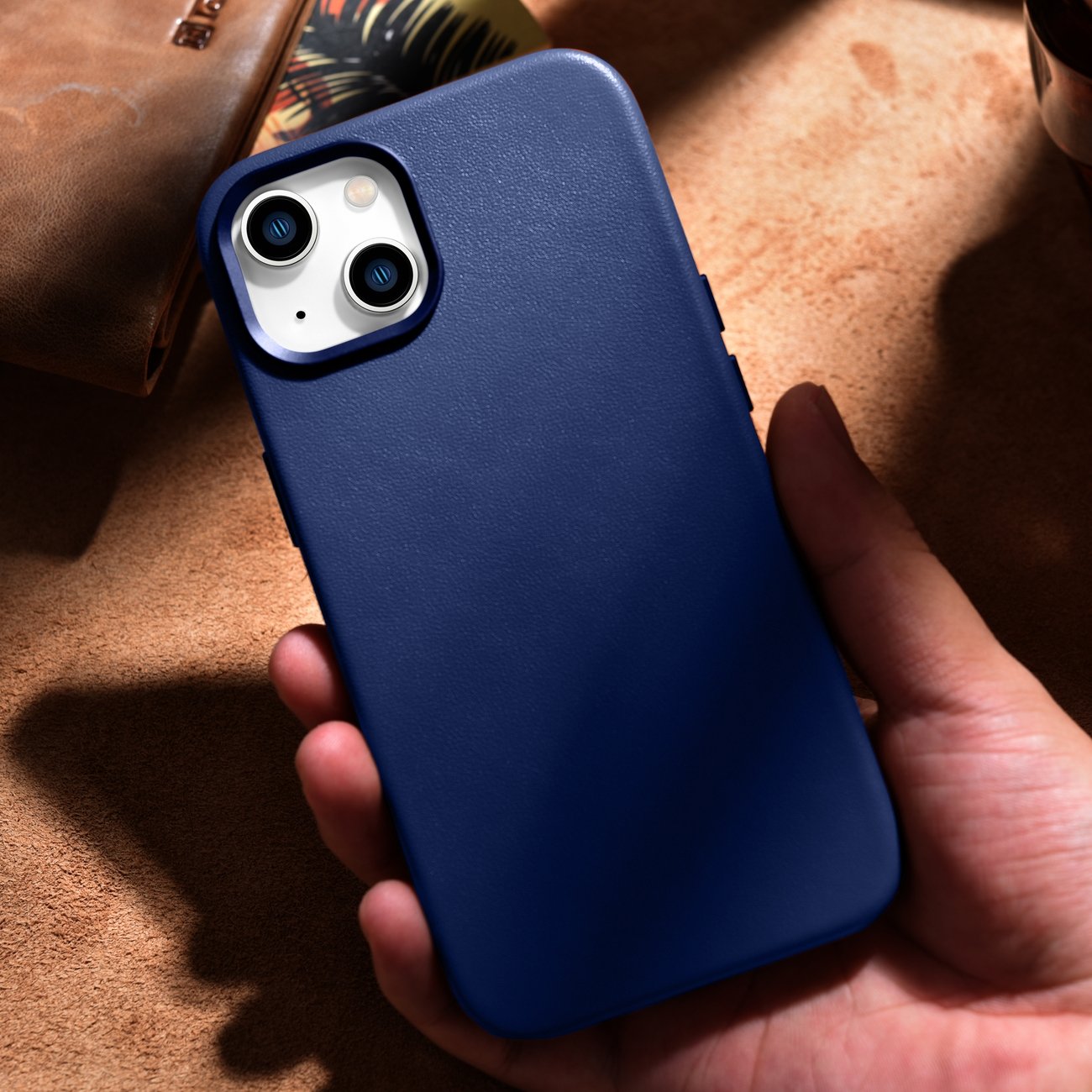 iCarer Case Läderfodral för iPhone 14 Plus äkta läderfodral blå (kompatibel med MagSafe)