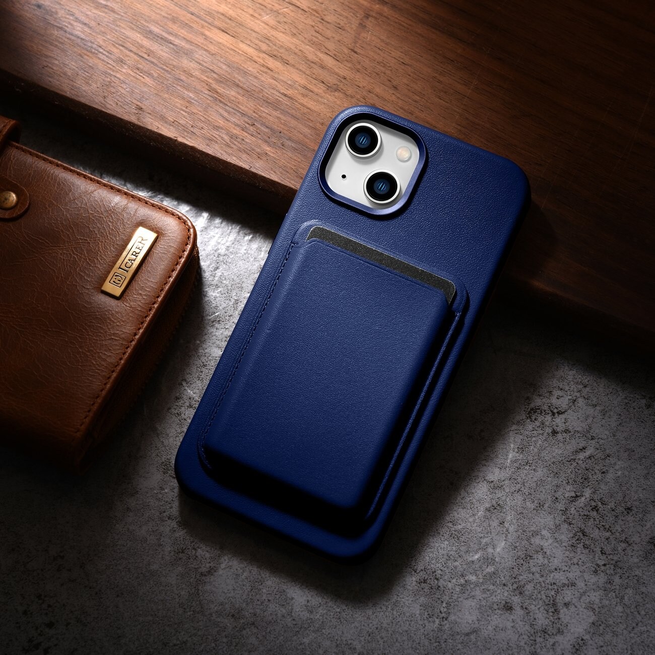 iCarer Case Läderfodral för iPhone 14 Plus äkta läderfodral blå (kompatibel med MagSafe)