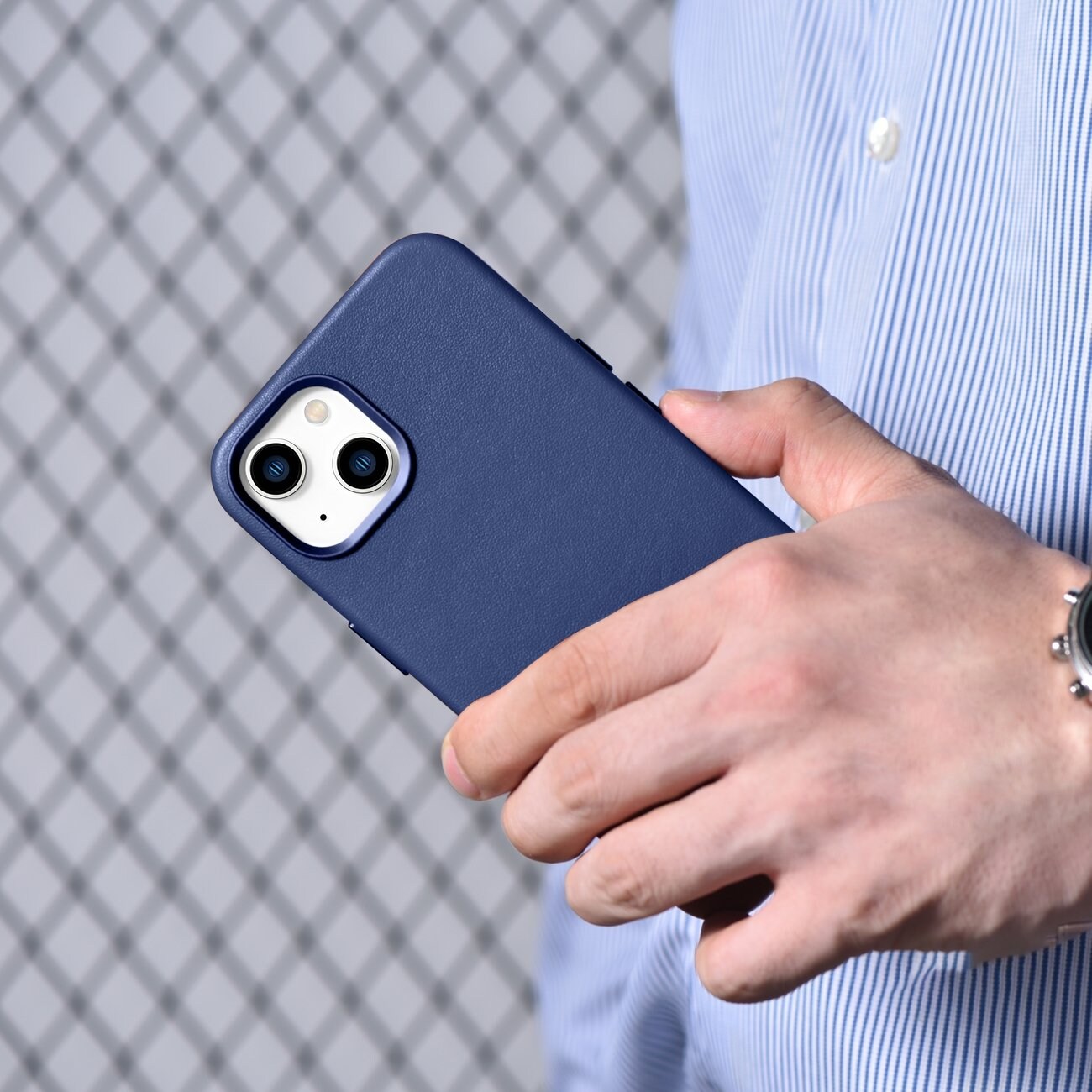 iCarer Case Läderfodral för iPhone 14 Plus äkta läderfodral blå (kompatibel med MagSafe)