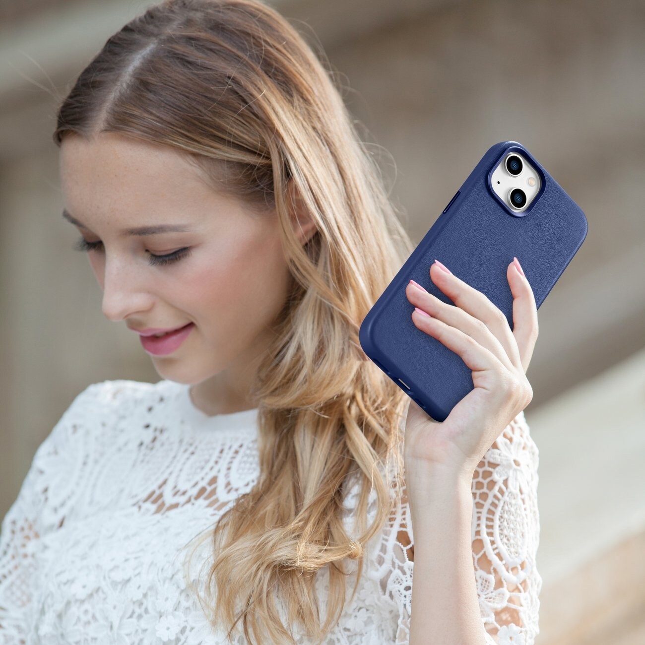 iCarer Case Läderfodral för iPhone 14 Plus äkta läderfodral blå (kompatibel med MagSafe)