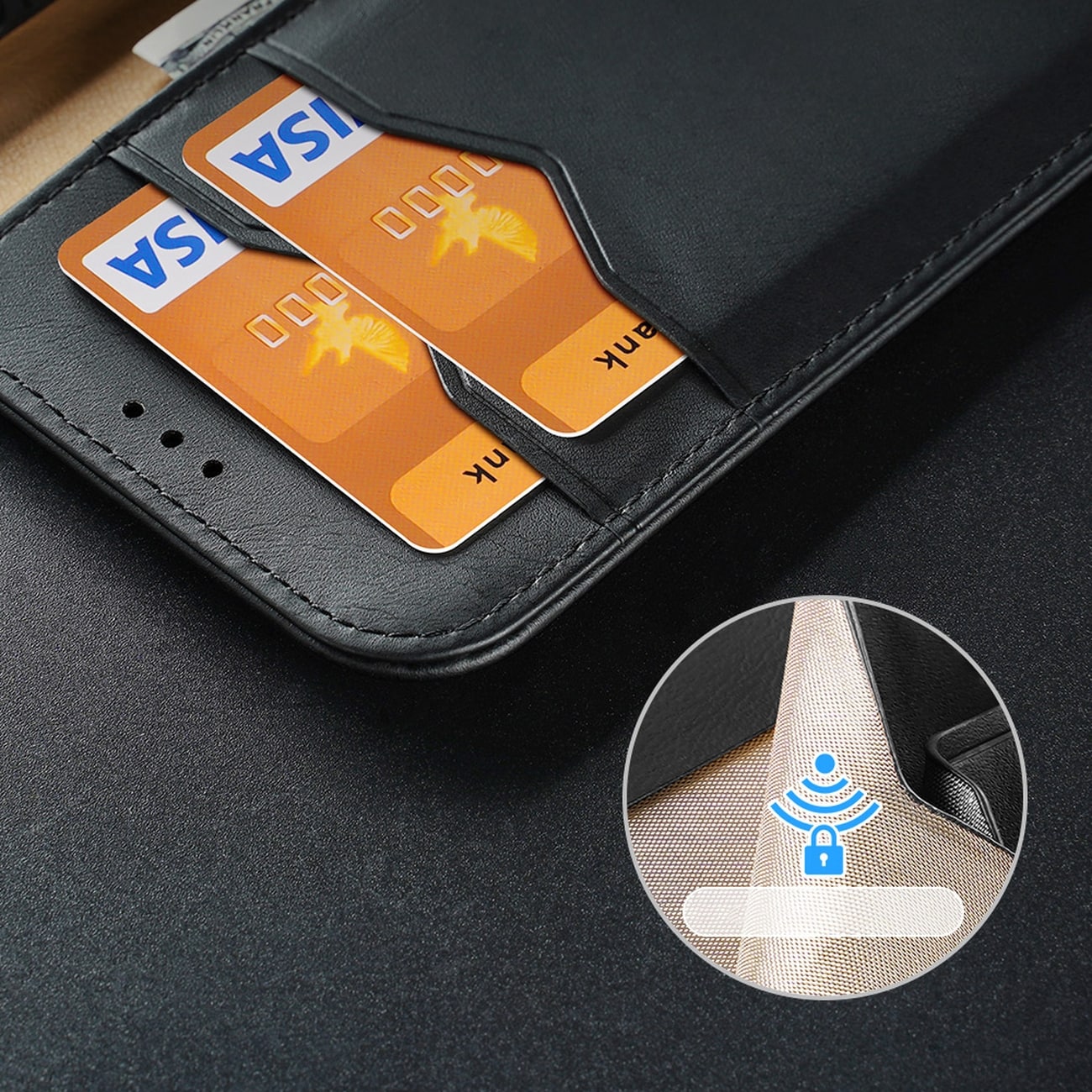 Dux Ducis Hivo Läder Flip Cover Äkta läder Plånbok för kort och dokument iPhone 14 Plus Svart