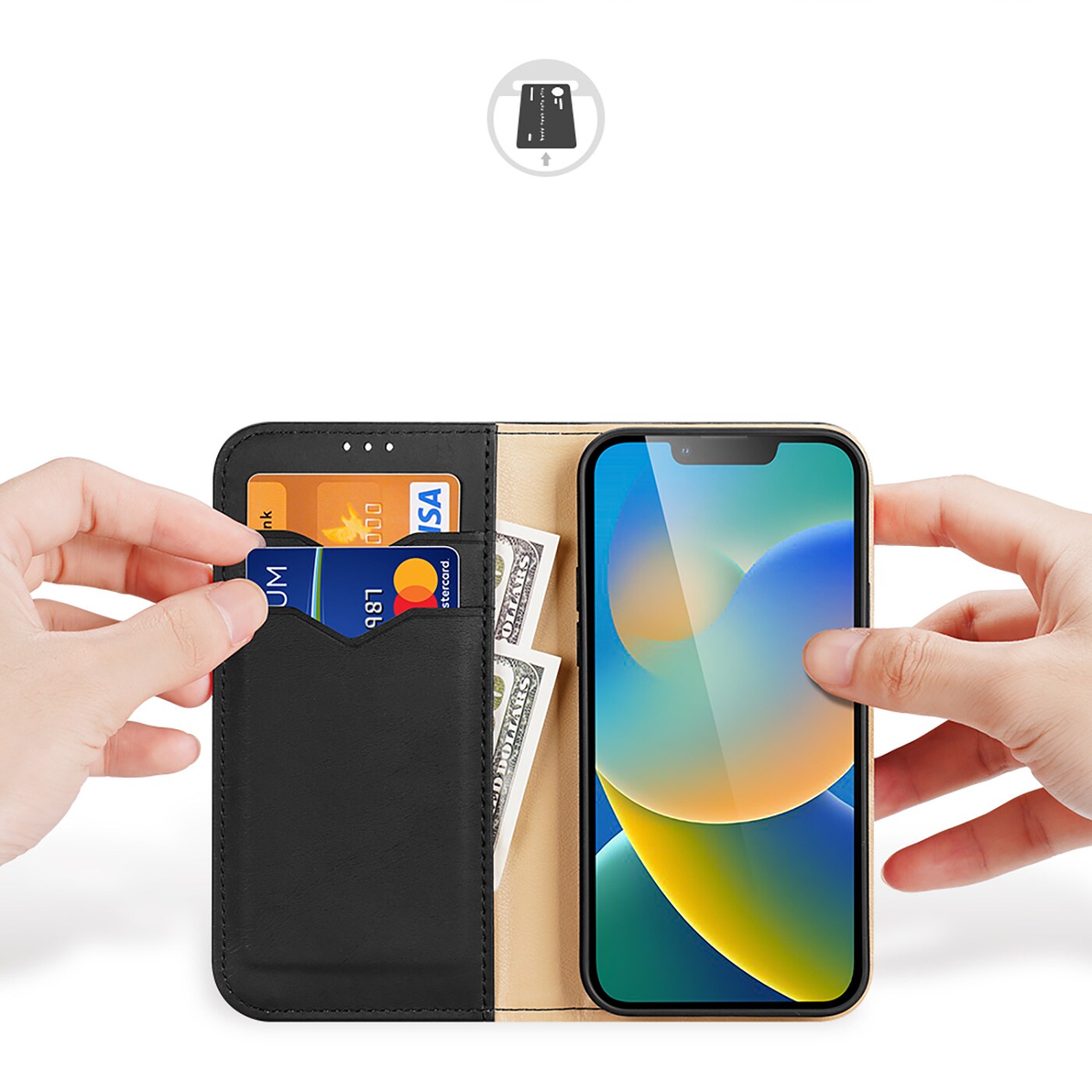 Dux Ducis Hivo Läder Flip Cover Äkta läder Plånbok för kort och dokument iPhone 14 Plus Svart