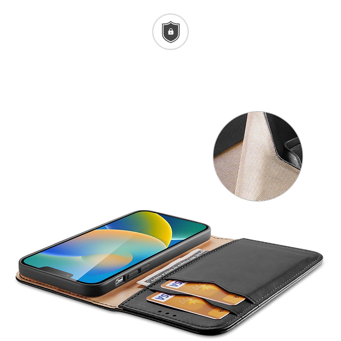 Dux Ducis Hivo Läder Flip Cover Äkta läder Plånbok för kort och dokument iPhone 14 Plus Svart