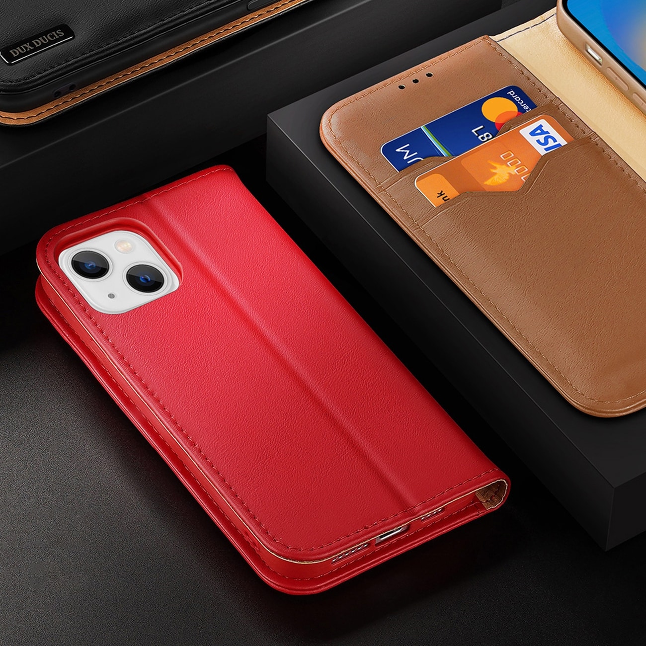 Dux Ducis Hivo Läder Flip Cover Äkta läder Plånbok för kort och dokument iPhone 14 Plus Svart