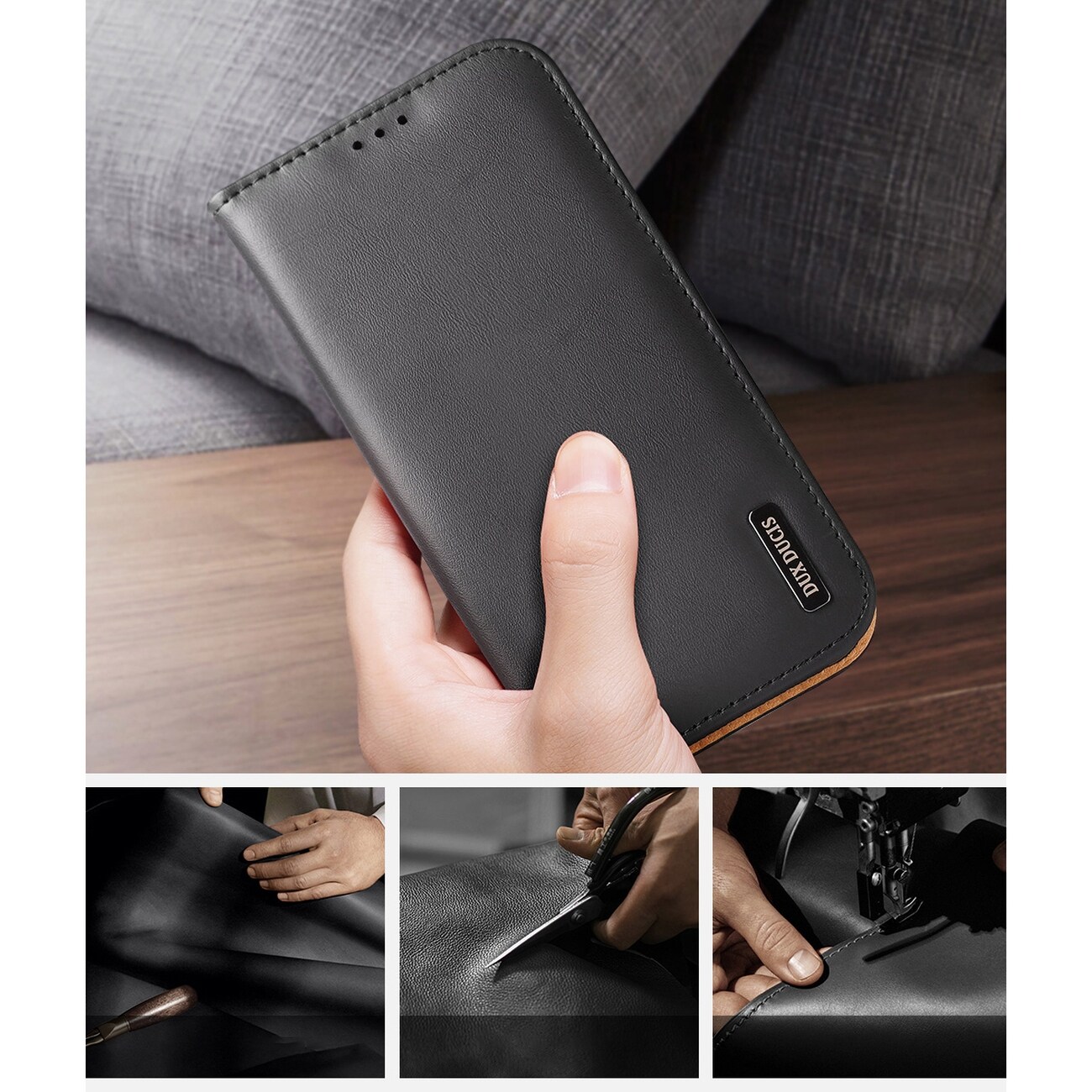 Dux Ducis Hivo Läder Flip Cover Äkta läder Plånbok för kort och dokument iPhone 14 Plus Svart