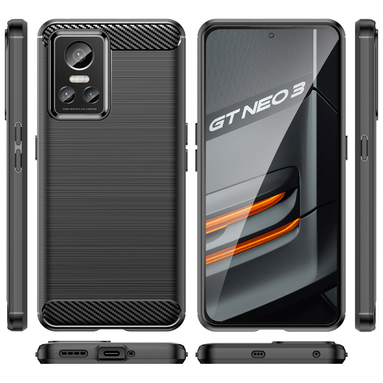 Carbon Case etui til Realme GT Neo 3 fleksibelt silikone carbon cover sort