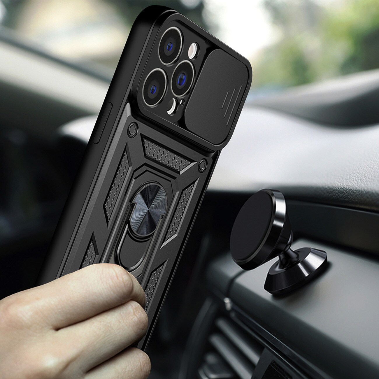 Hybrid Armor Camshield-fodral för iPhone 14 Plus pansarfodral med kameraskydd svart