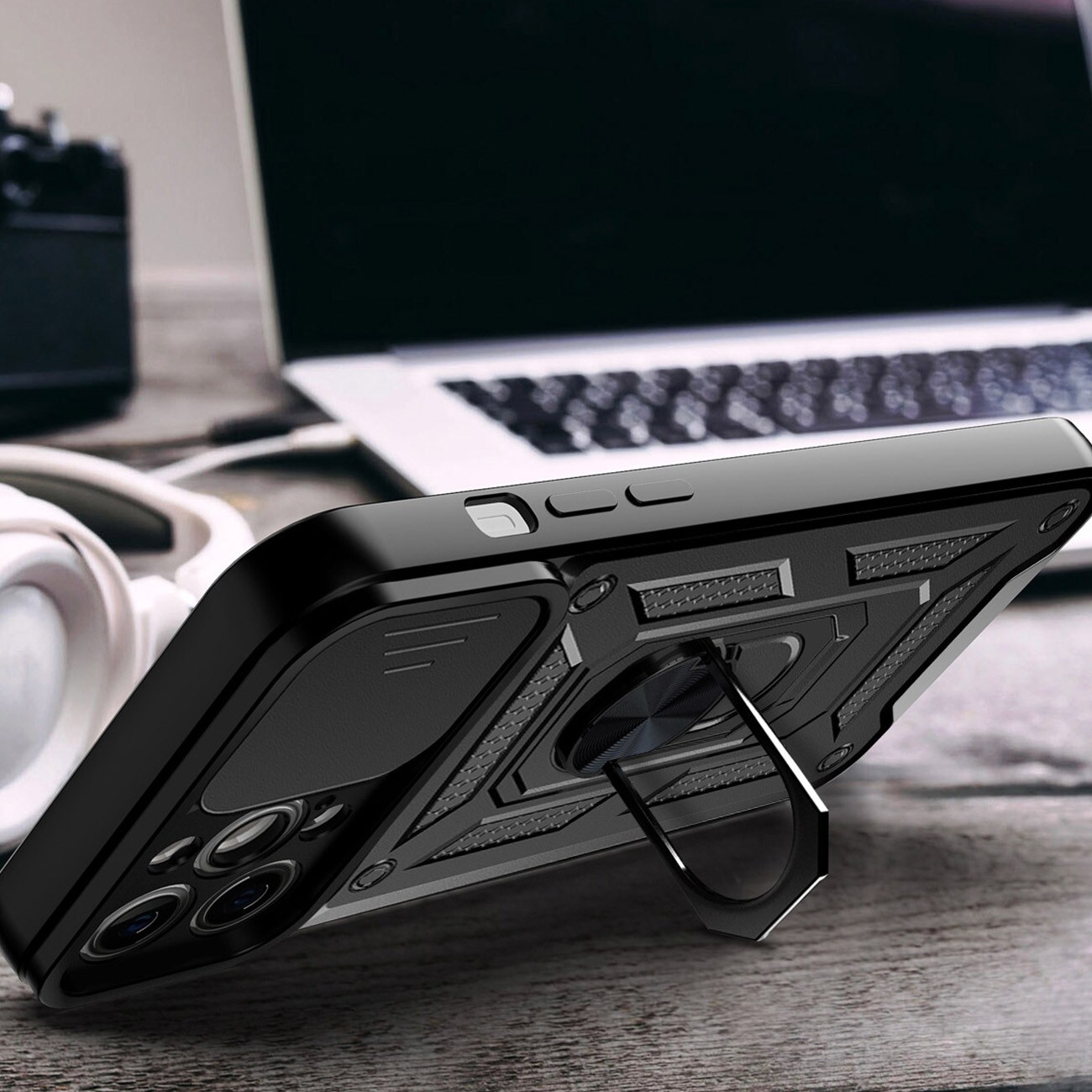 Hybrid Armor Camshield-fodral för iPhone 14 Plus pansarfodral med kameraskydd svart