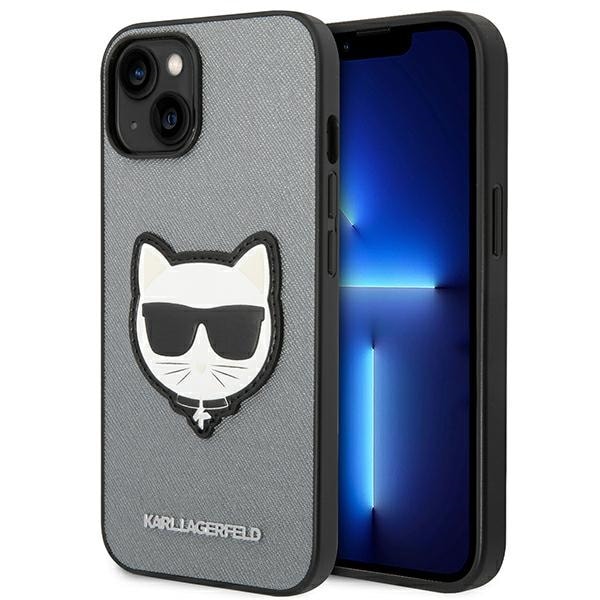 Karl Lagerfeld Saffiano Choupette Head Patch-fodral för iPhone 14 Plus - silver