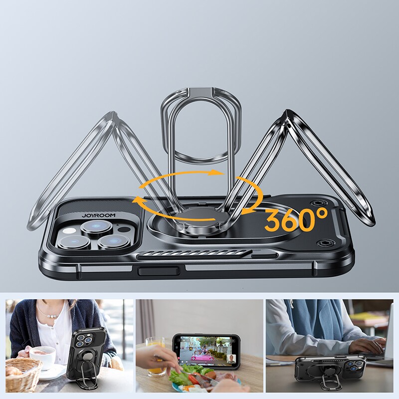 Joyroom Dual Hinge-fodral för iPhone 14 Pro pansarfodral med stativ och ringhållare svart
