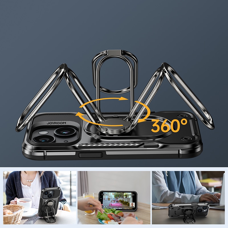 Joyroom Dual Hinge-fodral för iPhone 14 Plus pansarfodral med stativ och ringhållare svart