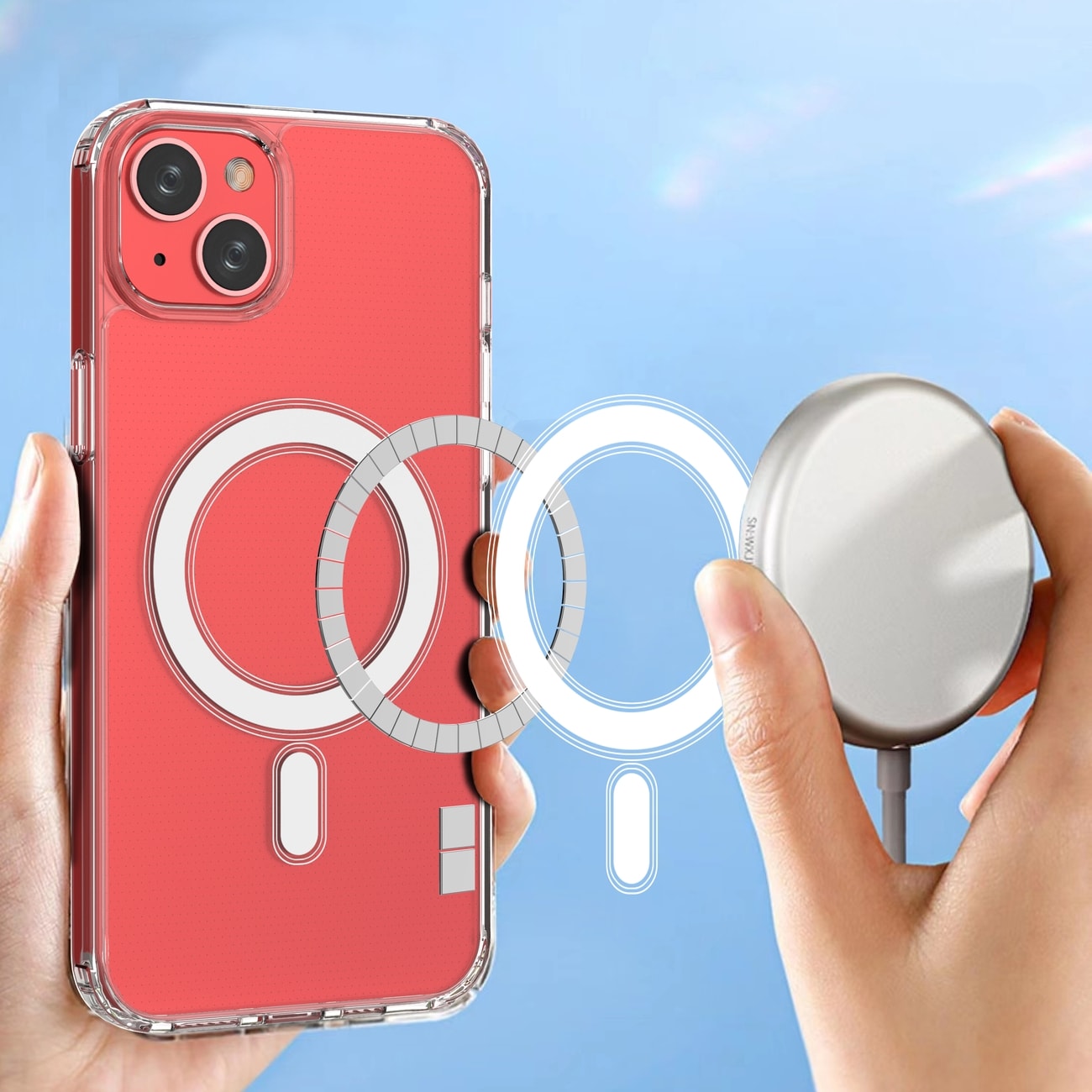 Genomskinligt magnetiskt fodral med MagSafe för iPhone 14 Plus med silverring - transparent